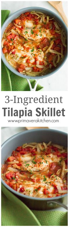 three images showing different types of pasta in a skillet with the title, 3 ingredient tilia skillet