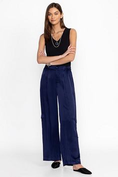 Crafted from a lightweight flowing fabric, the Cupro Pleated Pull On Pants add a stylish flare to a classic wide leg. Featuring an elastic waist and pleated detailing at the front, these wide-leg pants are finished with slant packets and cargo pockets for a unique twist. Pair with a fitted tank and sandals for a polished casual look. Women's Cupro Pleated Pull by Johnny Was in Blue Night, Size XL Polished Casual, Flowing Fabric, Blue Night, Boho Chic Outfits, Women's Blouses, Chic Outfit, Embroidered Jeans, Bottom Clothes, Johnny Was