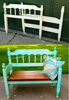 an old bench is painted white and blue with some wood trimmings on it