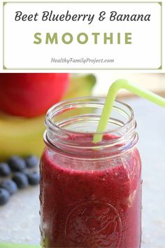 beet blueberry and banana smoothie in a mason jar