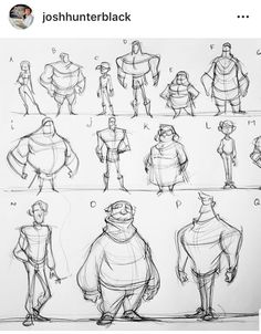 sketches of different poses and body shapes for the character