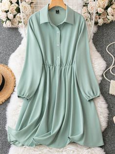 SHEIN LUNE Plus Solid Half Button Shirt Dress | SHEIN UK Long Top Designs For Muslim Women, Simple Top Designs For Women, Best Kurti Design, Plain Fabric Dress Designs, Long Modest Dresses Casual, Fancy Shirts For Women, Simple Tops For Women, Stylish Long Tops For Women, Long Sleeve Kurti