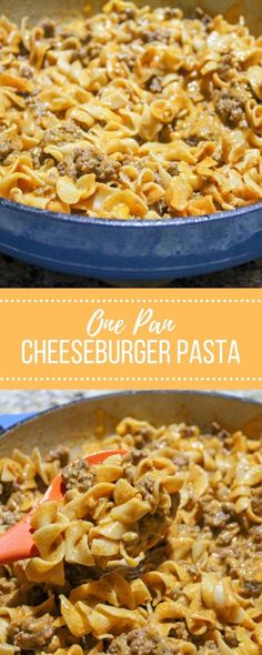 one pot cheeseburger pasta is in a blue pan