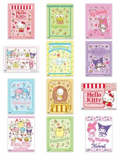 hello kitty greeting cards are shown in different colors and designs, with the characters on them