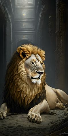 a painting of a lion laying down on the ground in front of a doorway with light coming through it