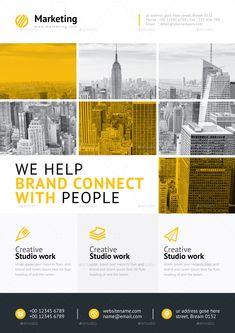 an advertisement for a company with yellow and black colors on the front, and white background