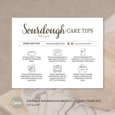 an image of some food items on top of a paper with the words sourdough care tips