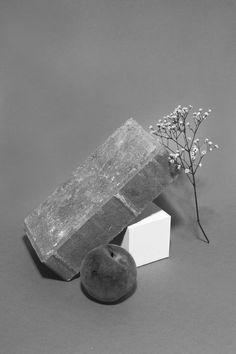 an apple sitting next to a piece of concrete and a flower on top of it