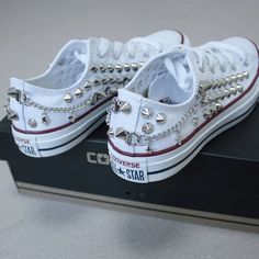 Genuine CONVERSE All-star low-top studed chain&skull Sneakers Sheos High-quality Leopard Print Converse, Rhinestone Converse, Studded Converse, Bedazzled Shoes, Converse Star, Converse Low Tops, Bling Shoes, Prom Shoes, Diy Shoes