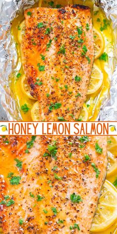 two pictures of salmon with lemons and parsley on the side, in foil