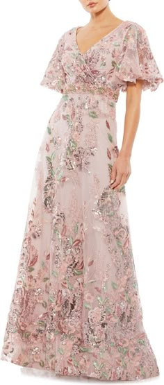 Mac Duggal Sequin Floral Butterfly Sleeve A-Line Gown | Nordstrom Bride Ideas, Mother Of Groom Dresses, Mac Duggal Dresses, Full Length Gowns, Mob Dresses, Embellished Gown, Column Gown, Butterfly Sleeve, Floral Butterfly