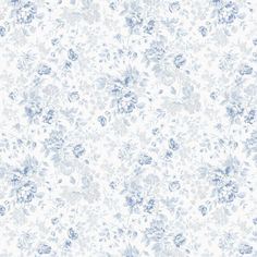 a white and blue floral wallpaper with lots of small flowers on the top half of it