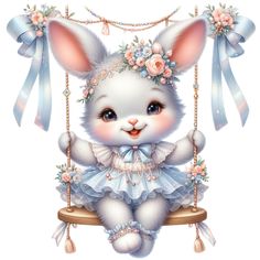 a cute bunny sitting on a swing with flowers in her hair and wearing a blue dress