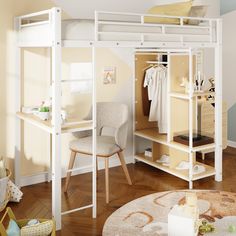 a white bunk bed sitting in a bedroom next to a desk and chair on top of a hard wood floor