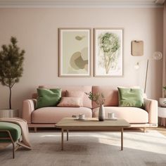 a living room with pink walls and green pillows on the couches in front of two paintings