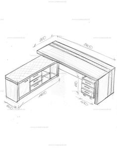 a drawing of an office desk with drawers