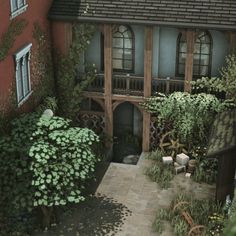 an animated view of a house with lots of greenery