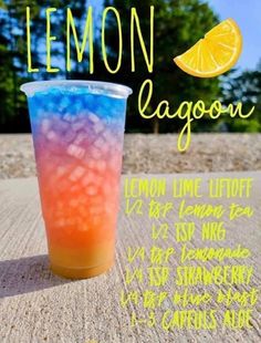 a drink with lemon on the side and an advertisement for lemon lagoon