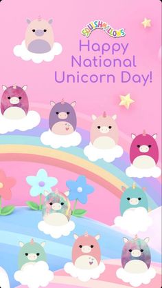 a card that says happy national unicorn day with many cats and flowers on the rainbow