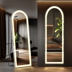 an illuminated mirror in the middle of a room next to a bed with a plant on it