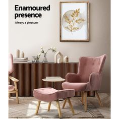 a pink chair and ottoman in front of a wooden paneled wall with the words,'framed presence always a pleasure '