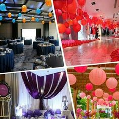 several different pictures of tables and decorations at a wedding or other function, including paper lanterns hanging from the ceiling