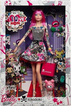 a barbie doll with pink hair holding a purse