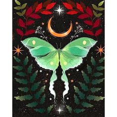 a green butterfly sitting on top of a leafy plant next to a crescent moon