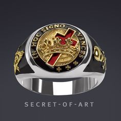 "Knights Templar In hoc signo vinces Masonic Ring Freemason 925 Silver with 24K Gold-Plated Parts Very fine Knights Templar Masonic ring: In Hoc Signo Vinces (\"In this sign you shall conquer\") With filigree Symbols on the side of the ring: Compasses & square-tool and the skull as symbol for the transience of life. This high-quality silver ring is handmade in highest quality craftsmanship.  Details: -    Material: Silver 925 Sterling -    Weight: 11 gram -    Size: 1,6 cm * 1,6 cm -    Quality: Fine, stamped, 24K gold-plated parts -    Craftsmanship: Filigree and detailed Knights Templar Ring Signet Ring Crusader jewelry gift In hoc signo vinces Masonic Mason catholic church Freemason 925 Silver 24K GoldPlated If you have any questions, please let us know. We are more than happy to help a Freemason Ring, Square Tool, Masonic Jewelry, Masonic Freemason, Ring Settings Types, Mens Rings Fashion, Masonic Ring, Ring Trends, Trendy Ring