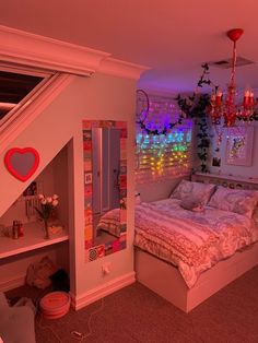 a bed room with a neatly made bed next to a window filled with lights and decorations