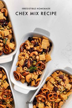 three white bowls filled with chex mix