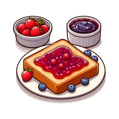 a piece of toast with jam and strawberries on it next to a bowl of berries