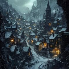 a village in the mountains is lit up at night, with snow on the ground