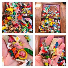 several pictures of different types of toys in a wooden box, including scissors and other items