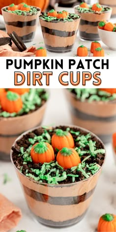 pumpkin patch dirt cups with green sprinkles on top