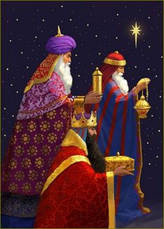 the three wise men are dressed in red and purple robes, one is holding a chalice