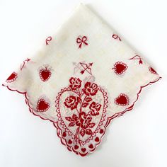 Vintage Valentines Day handkerchief...this has scalloped edges and features roses, hearts, bows, and cupids bow. Of a lightweight cotton in red and white. Measures 13" X 13 1/2"  In good, preowned, vintage condition with no holes, stains, or funky odors. We are happy to ship internationally and combine shipping. Vintage Cupid, Vintage Valentines Day, Valentines Wedding, February Wedding, Wedding Poster, Vintage Handkerchief, Cupids Bow, Hearts And Roses, Des Roses