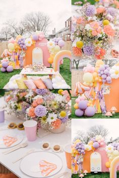 this is a collage of photos with balloons, flowers and other things on the table