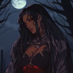 a woman with long black hair and red eyes standing in front of a full moon