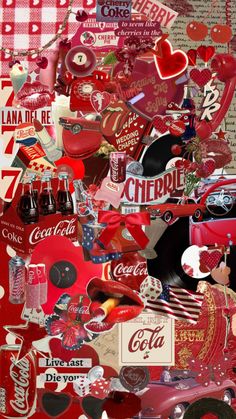 a collage of coca colas, hearts, and other things in red tones