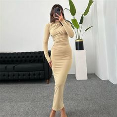 Olivia Mark - Solid Color Bodycon Midi Dress Full Sleeve Maxi Dress, Clothes Girl, Elegant Party Dresses, Retro Mode, Autumn Dress, Khaki Dress, Women Maxi, Hip Dress, Elegant Party