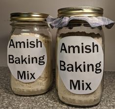 two jars with labels on them that say amish baking mix