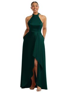 High-Neck Tie-Back Halter Cascading High Low Maxi Bridesmaid Dress | The Dessy Group Halter High Low Dress, Halter Neck Bridesmaid Dresses, Halter Neck Dresses, Moh Dress, High Neck Bridesmaid Dresses, Halter Neck Wedding Dress, High Neck Halter Dress, Dinner Dresses, Halter Dresses