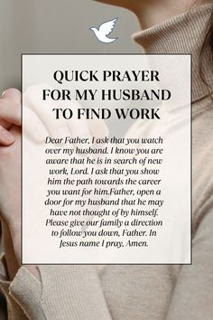 a woman holding a prayer card with the words, quick prayer for my husband to find work