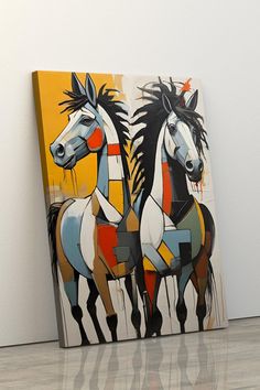 two horses standing next to each other in front of a painting on the wall with white walls