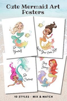 four watercolor mermaid posters with the words, cute mermaids and sea creatures on them