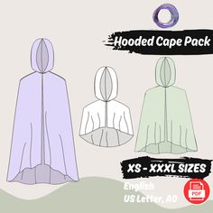 three hooded capes are shown in different colors and sizes, each with an attached hood