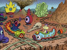 an image of a cartoon train going through the desert with monsters on it's tracks