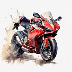 a painting of a red motorcycle with watercolor splashes on the back and sides