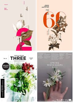 four different magazine covers with flowers and leaves in the middle one is pink, white, green